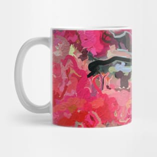 Red flower blossoms amid lush green foliage Mug